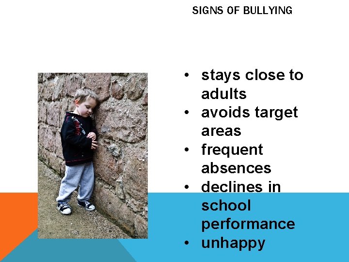 SIGNS OF BULLYING • stays close to adults • avoids target areas • frequent