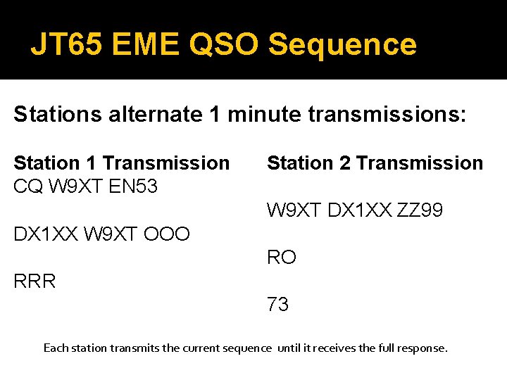 JT 65 EME QSO Sequence Stations alternate 1 minute transmissions: Station 1 Transmission CQ