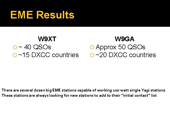 EME Results W 9 XT ~ 40 QSOs ~15 DXCC countries W 9 GA