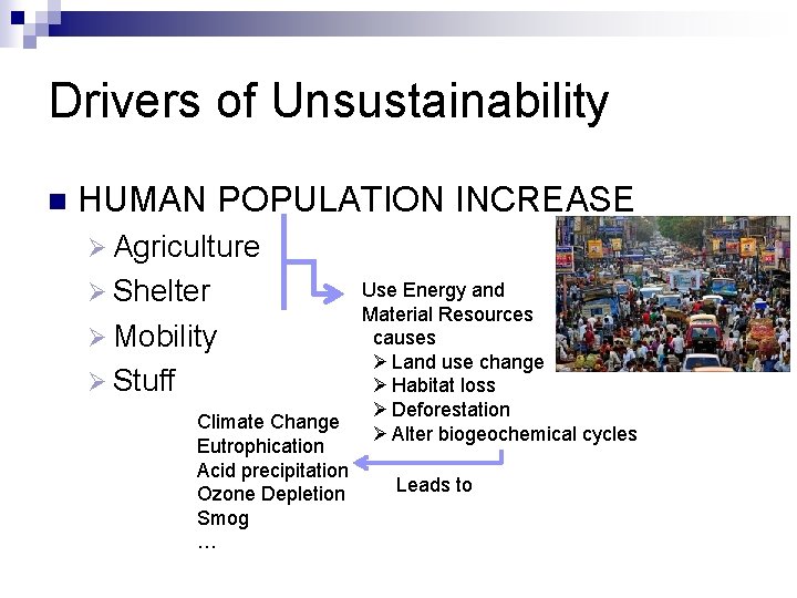 Drivers of Unsustainability n HUMAN POPULATION INCREASE Ø Agriculture Ø Shelter Ø Mobility Ø