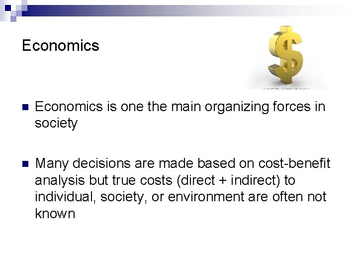Economics n Economics is one the main organizing forces in society n Many decisions