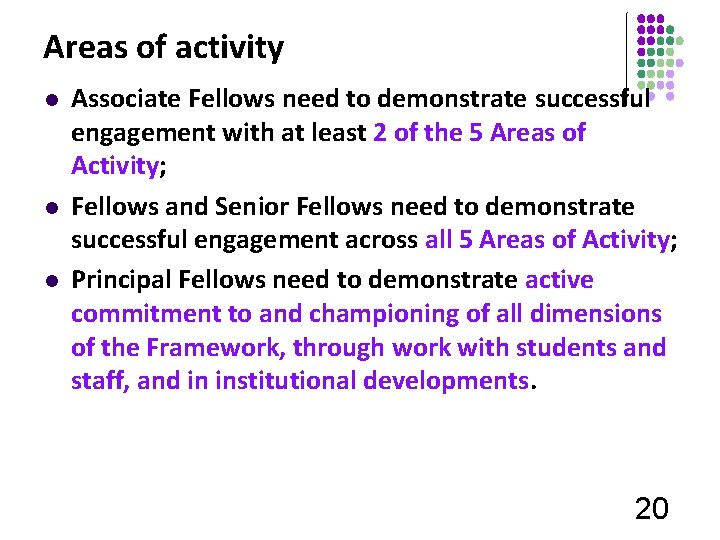 Areas of activity l l l Associate Fellows need to demonstrate successful engagement with