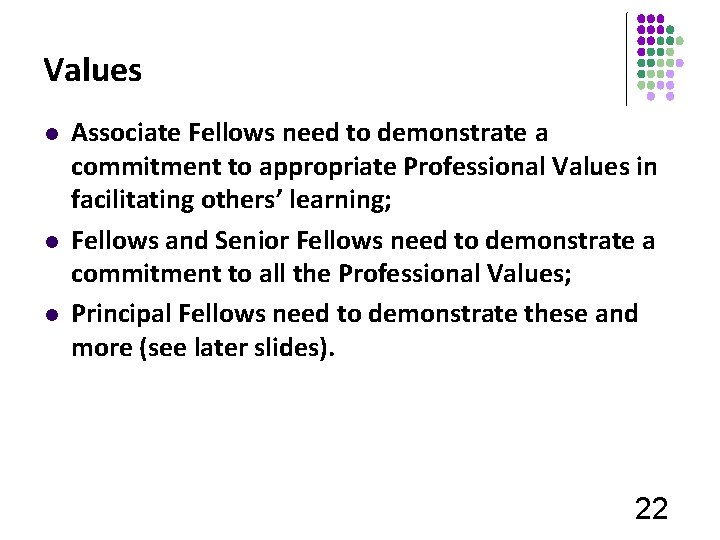 Values l l l Associate Fellows need to demonstrate a commitment to appropriate Professional
