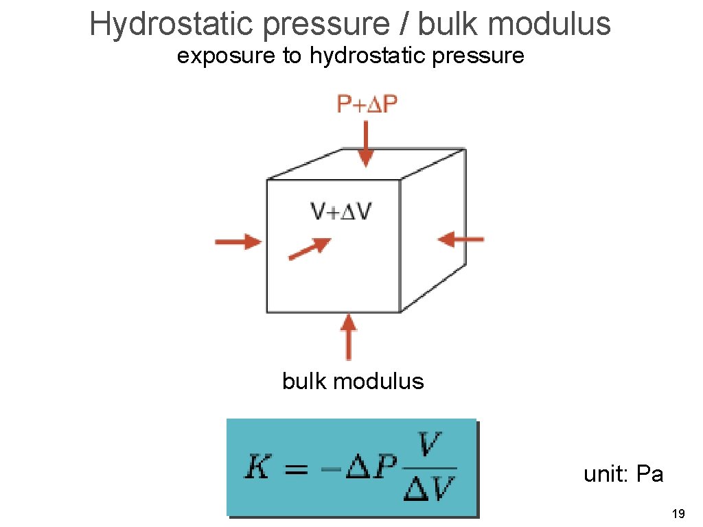 Hydrostatic pressure / bulk modulus exposure to hydrostatic pressure bulk modulus unit: Pa 19