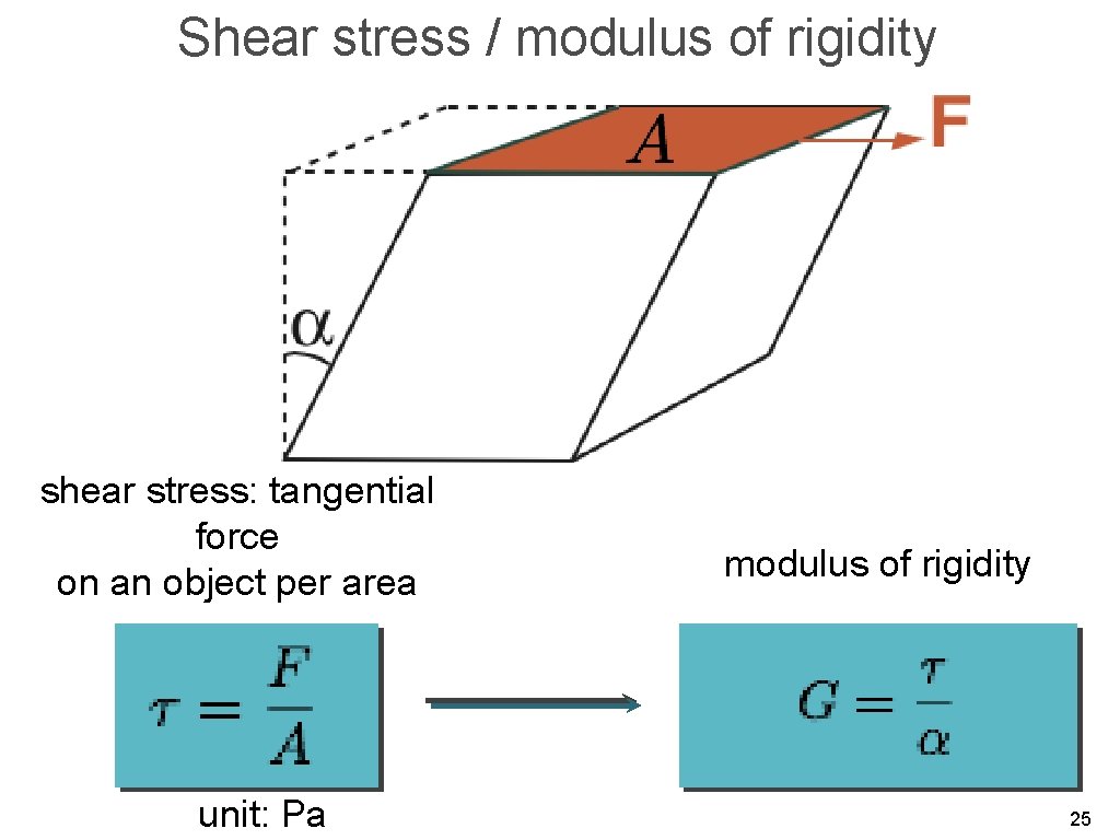 Shear stress / modulus of rigidity shear stress: tangential force on an object per