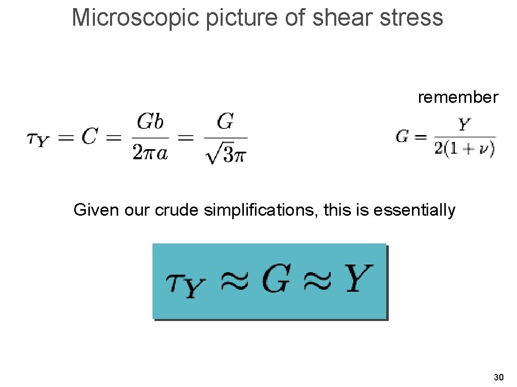 Microscopic picture of shear stress remember Given our crude simplifications, this is essentially 30