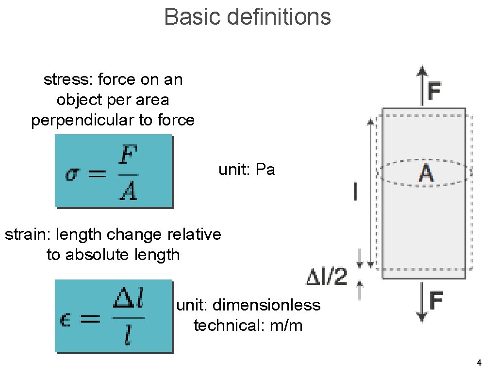 Basic definitions stress: force on an object per area perpendicular to force unit: Pa
