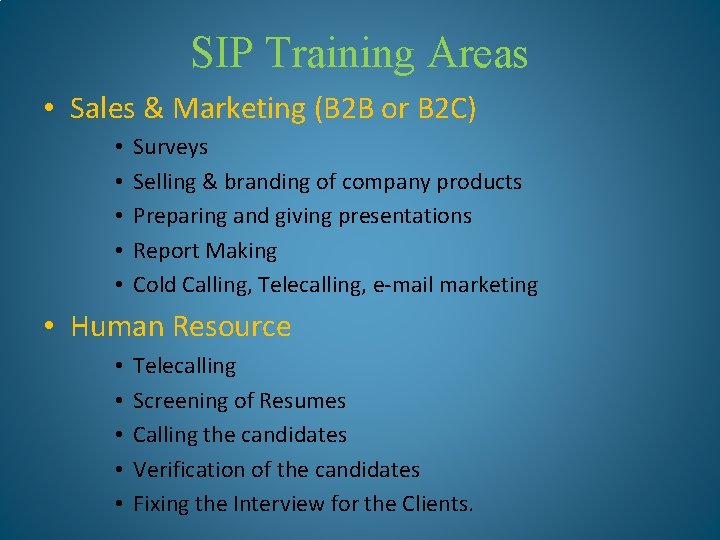 SIP Training Areas • Sales & Marketing (B 2 B or B 2 C)