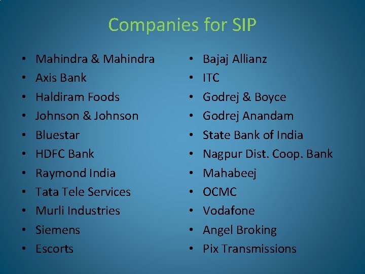 Companies for SIP • • • Mahindra & Mahindra Axis Bank Haldiram Foods Johnson