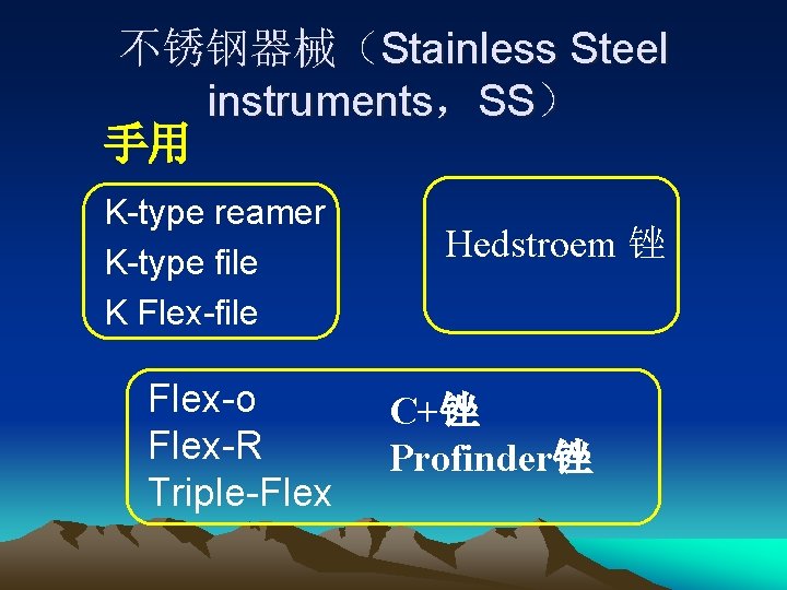不锈钢器械（Stainless Steel instruments，SS） 手用 K-type reamer K-type file K Flex-file Flex-o Flex-R Triple-Flex Hedstroem