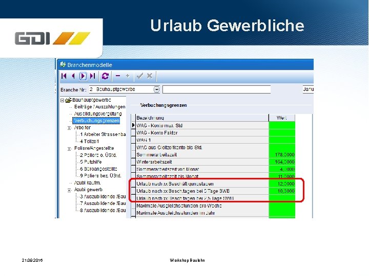 Urlaub Gewerbliche 21. 09. 2016 Workshop Baulohn 