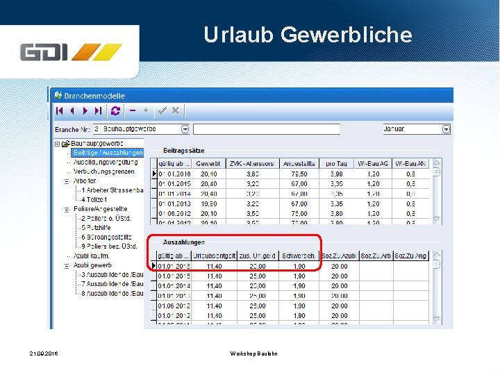 Urlaub Gewerbliche 21. 09. 2016 Workshop Baulohn 