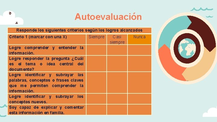 Autoevaluación Responde los siguientes criterios según los logros alcanzados Criterio 1 (marcar con una