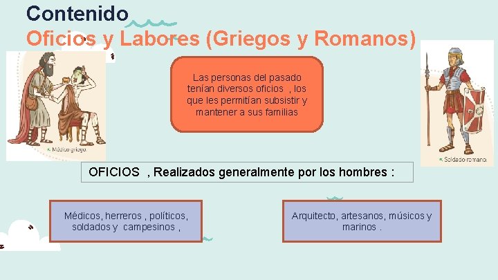 Contenido Oficios y Labores (Griegos y Romanos) Las personas del pasado tenían diversos oficios