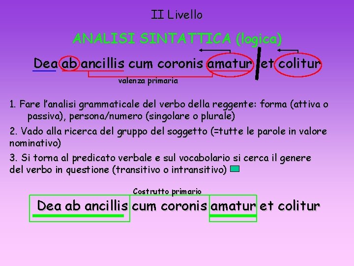 II Livello ANALISI SINTATTICA (logica) Dea ab ancillis cum coronis amatur et colitur valenza