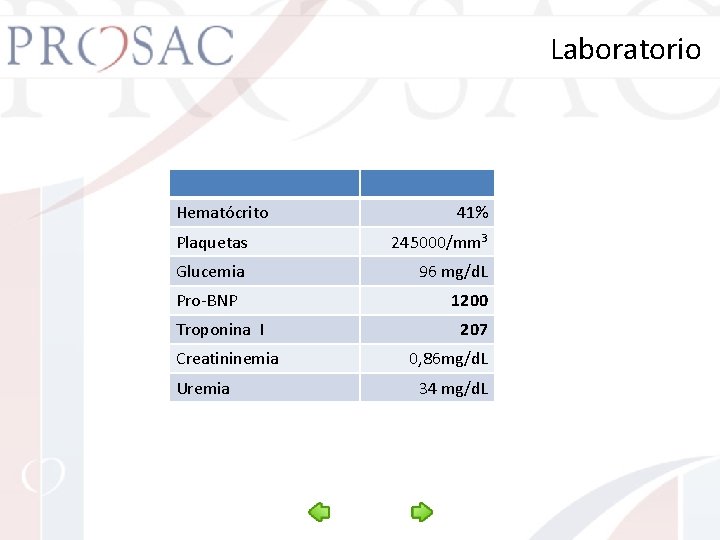 Laboratorio Hematócrito 41% Plaquetas 245000/mm 3 Glucemia 96 mg/d. L Pro-BNP Troponina I Creatininemia