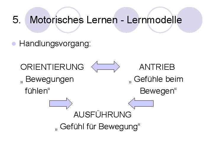 5. Motorisches Lernen - Lernmodelle l Handlungsvorgang: ORIENTIERUNG „ Bewegungen fühlen“ ANTRIEB „ Gefühle