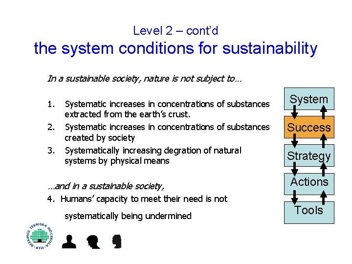 Level 2 – cont’d the system conditions for sustainability In a sustainable society, nature