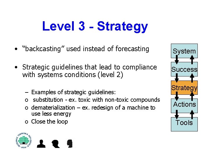 Level 3 - Strategy • “backcasting” used instead of forecasting System • Strategic guidelines