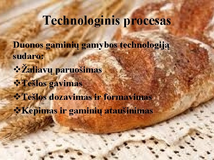Technologinis procesas Duonos gaminių gamybos technologiją sudaro: vŽaliavų paruošimas v. Tešlos gavimas v. Tešlos