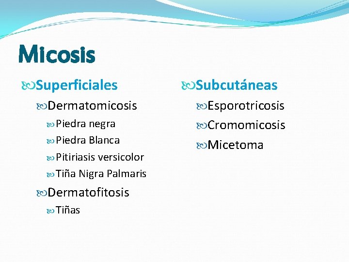 Micosis Superficiales Dermatomicosis Piedra negra Piedra Blanca Pitiriasis versicolor Tiña Nigra Palmaris Dermatofitosis Tiñas
