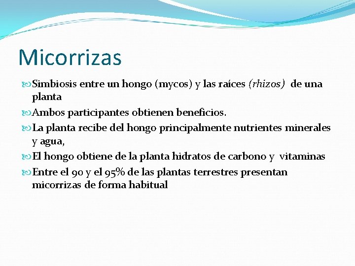 Micorrizas Simbiosis entre un hongo (mycos) y las raíces (rhizos) de una planta Ambos