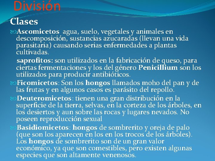 División Clases Ascomicetos agua, suelo, vegetales y animales en descomposición, sustancias azucaradas (llevan una