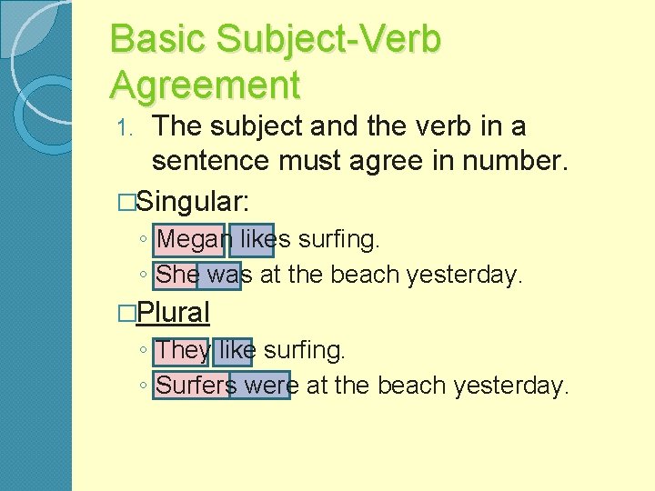 Basic Subject-Verb Agreement The subject and the verb in a sentence must agree in