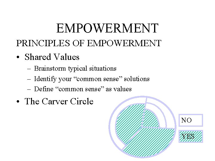 EMPOWERMENT PRINCIPLES OF EMPOWERMENT • Shared Values – Brainstorm typical situations – Identify your