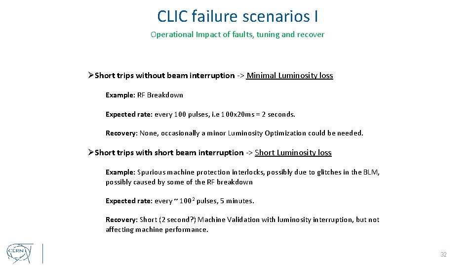 CLIC failure scenarios I Operational Impact of faults, tuning and recover ØShort trips without