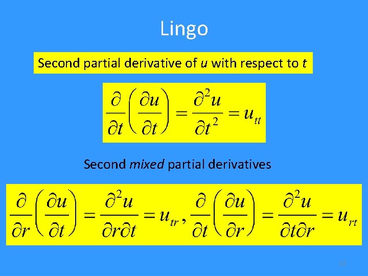 Lingo Second partial derivative of u with respect to t Second mixed partial derivatives