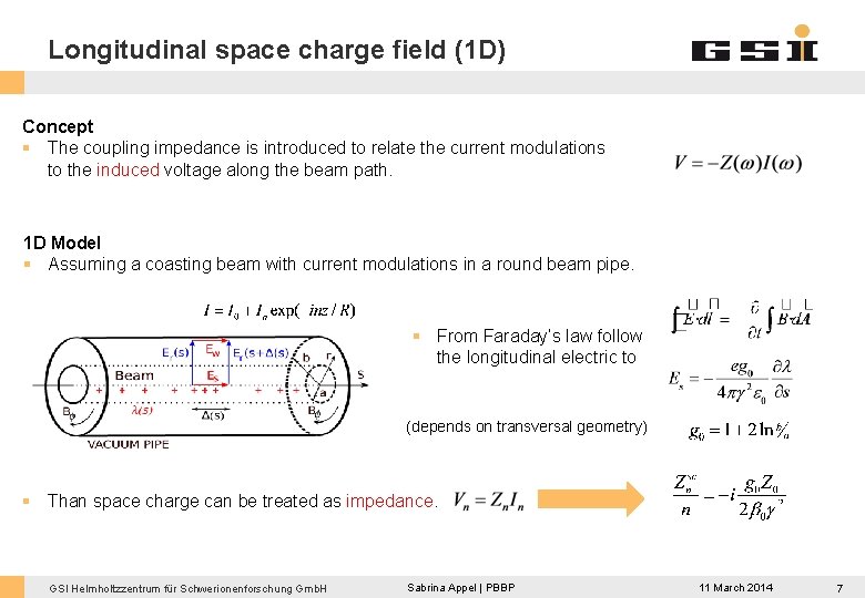 Longitudinal space charge field (1 D) Concept § The coupling impedance is introduced to