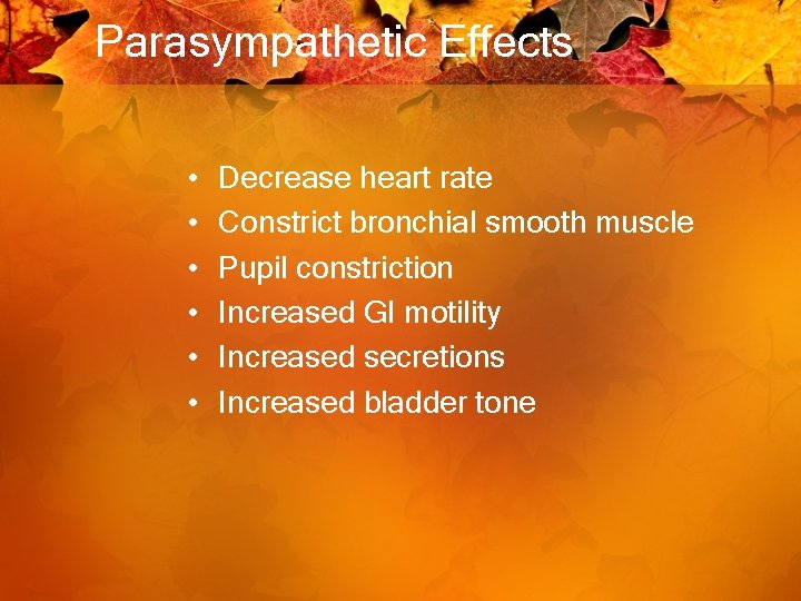 Parasympathetic Effects • • • Decrease heart rate Constrict bronchial smooth muscle Pupil constriction