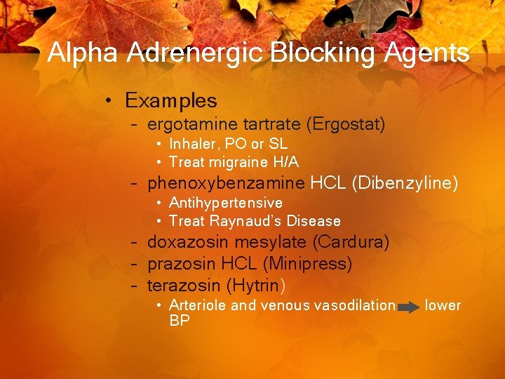 Alpha Adrenergic Blocking Agents • Examples – ergotamine tartrate (Ergostat) • Inhaler, PO or