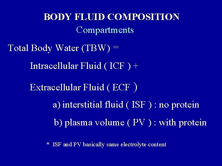 BODY FLUID COMPOSITION Compartments Total Body Water (TBW) = Intracellular Fluid ( ICF )