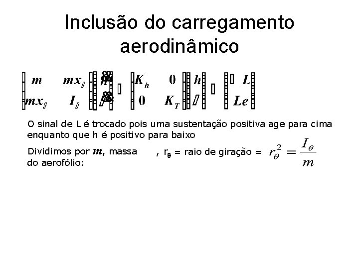 Inclusão do carregamento aerodinâmico O sinal de L é trocado pois uma sustentação positiva