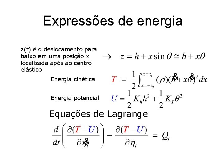Expressões de energia z(t) é o deslocamento para baixo em uma posição x localizada