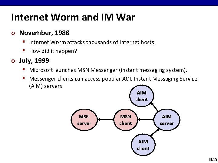 Internet Worm and IM War ¢ November, 1988 § Internet Worm attacks thousands of