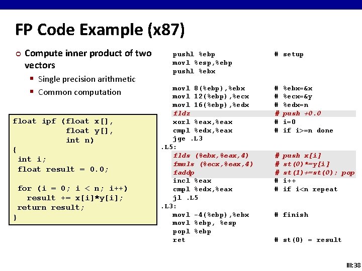 FP Code Example (x 87) ¢ Compute inner product of two vectors § Single