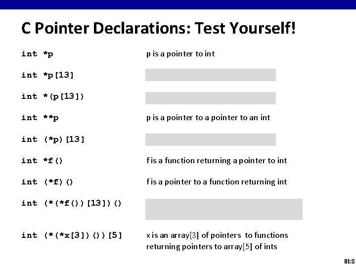 C Pointer Declarations: Test Yourself! int *p p is a pointer to int *p[13]