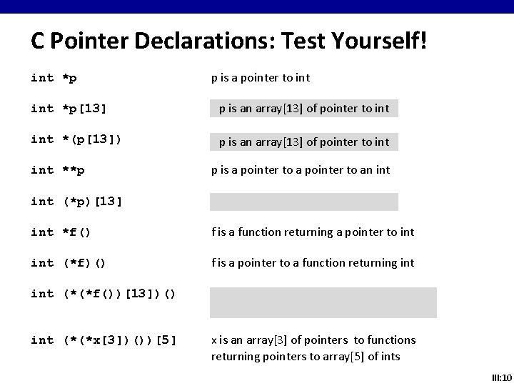 C Pointer Declarations: Test Yourself! int *p p is a pointer to int *p[13]