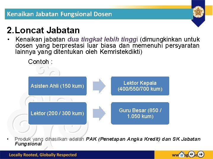 Kenaikan Jabatan Fungsional Dosen 2. Loncat Jabatan • Kenaikan jabatan dua tingkat lebih tinggi