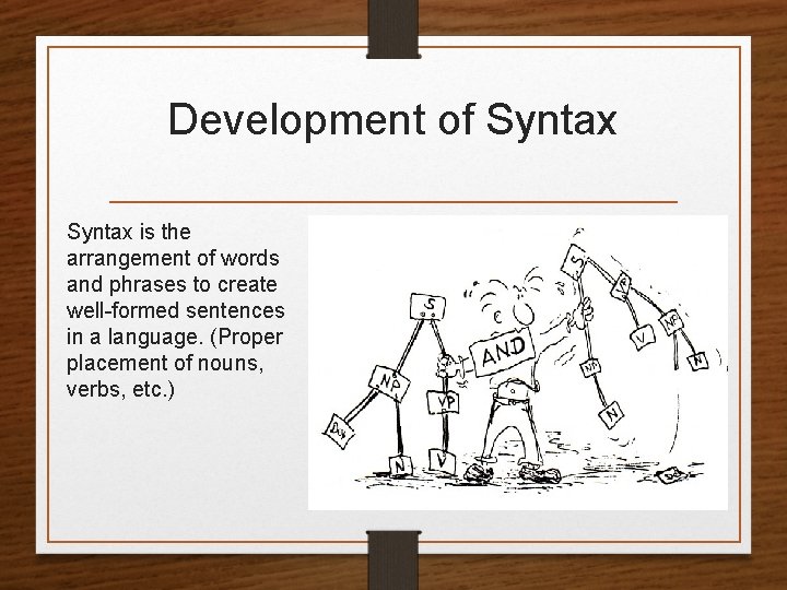 Development of Syntax is the arrangement of words and phrases to create well-formed sentences