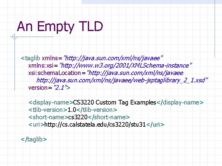 An Empty TLD <taglib xmlns="http: //java. sun. com/xml/ns/javaee" xmlns: xsi="http: //www. w 3. org/2001/XMLSchema-instance"