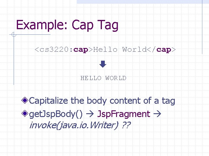 Example: Cap Tag <cs 3220: cap>Hello World</cap> HELLO WORLD Capitalize the body content of