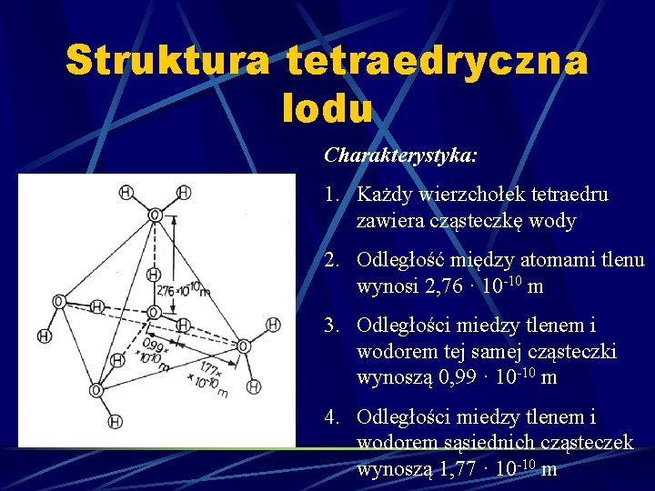 Struktura tetraedryczna lodu Charakterystyka: 1. Każdy wierzchołek tetraedru zawiera cząsteczkę wody 2. Odległość między