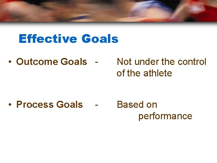 Effective Goals • Outcome Goals - Not under the control of the athlete •