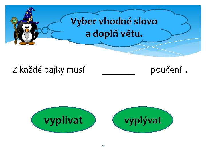 Vyber vhodné slovo a doplň větu. Z každé bajky musí _______ vyplivat poučení. vyplývat