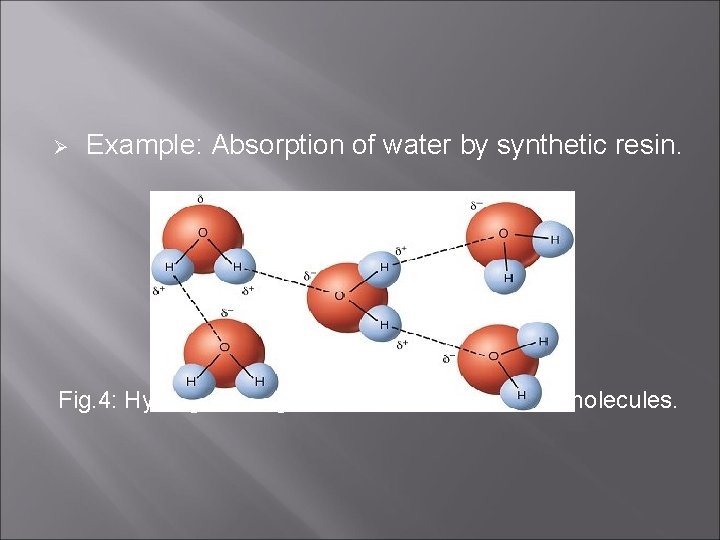 Ø Example: Absorption of water by synthetic resin. Fig. 4: Hydrogen bridges formed between