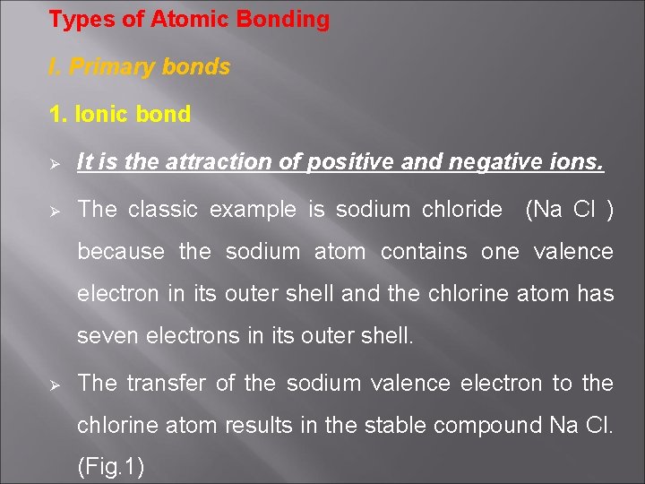 Types of Atomic Bonding I. Primary bonds 1. Ionic bond Ø It is the